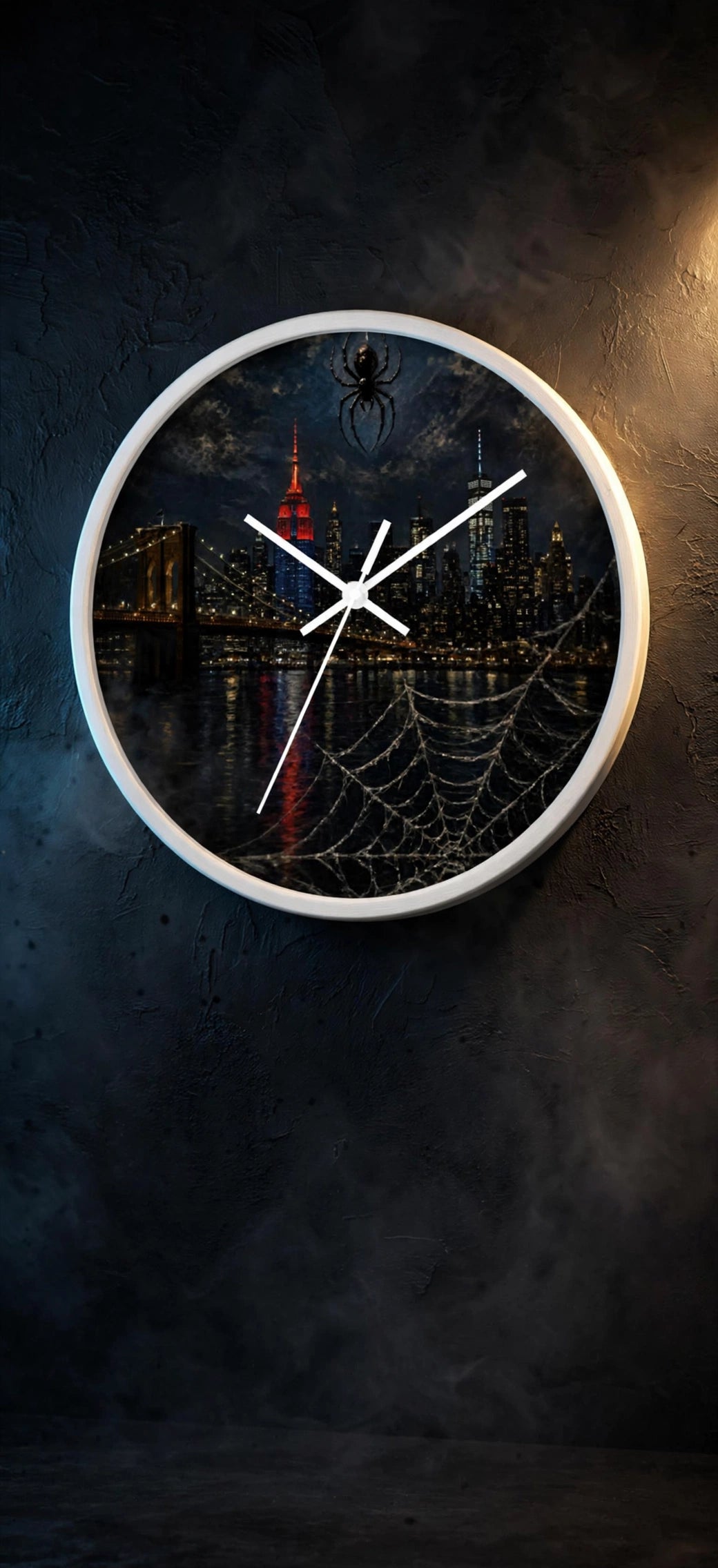 City of Webs Wall Clock in dark loft setting