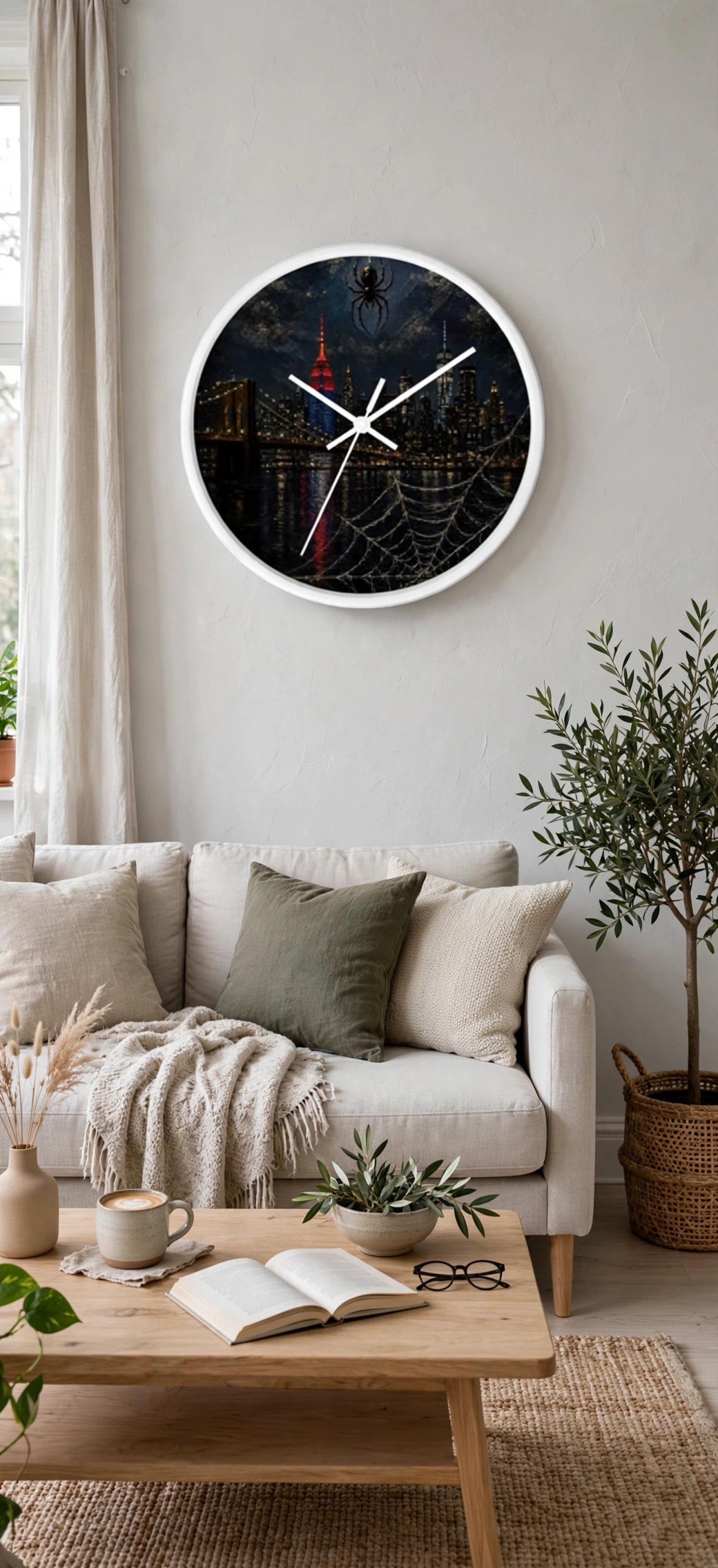 City of Webs Wall Clock in bright living room