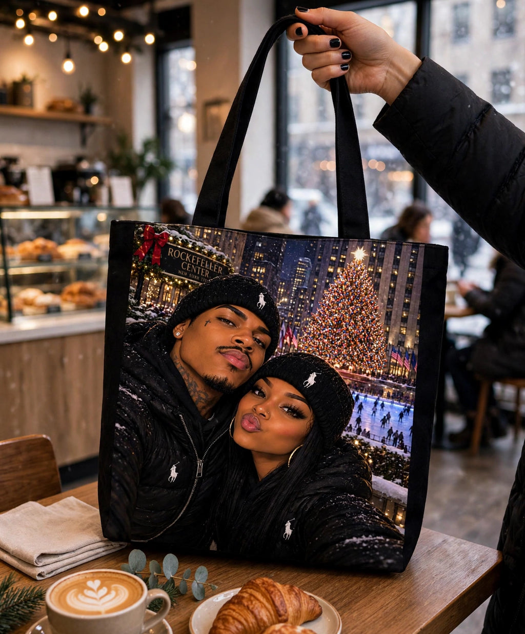 Snow Day Sweethearts tote bag lifestyle mockup in cafe