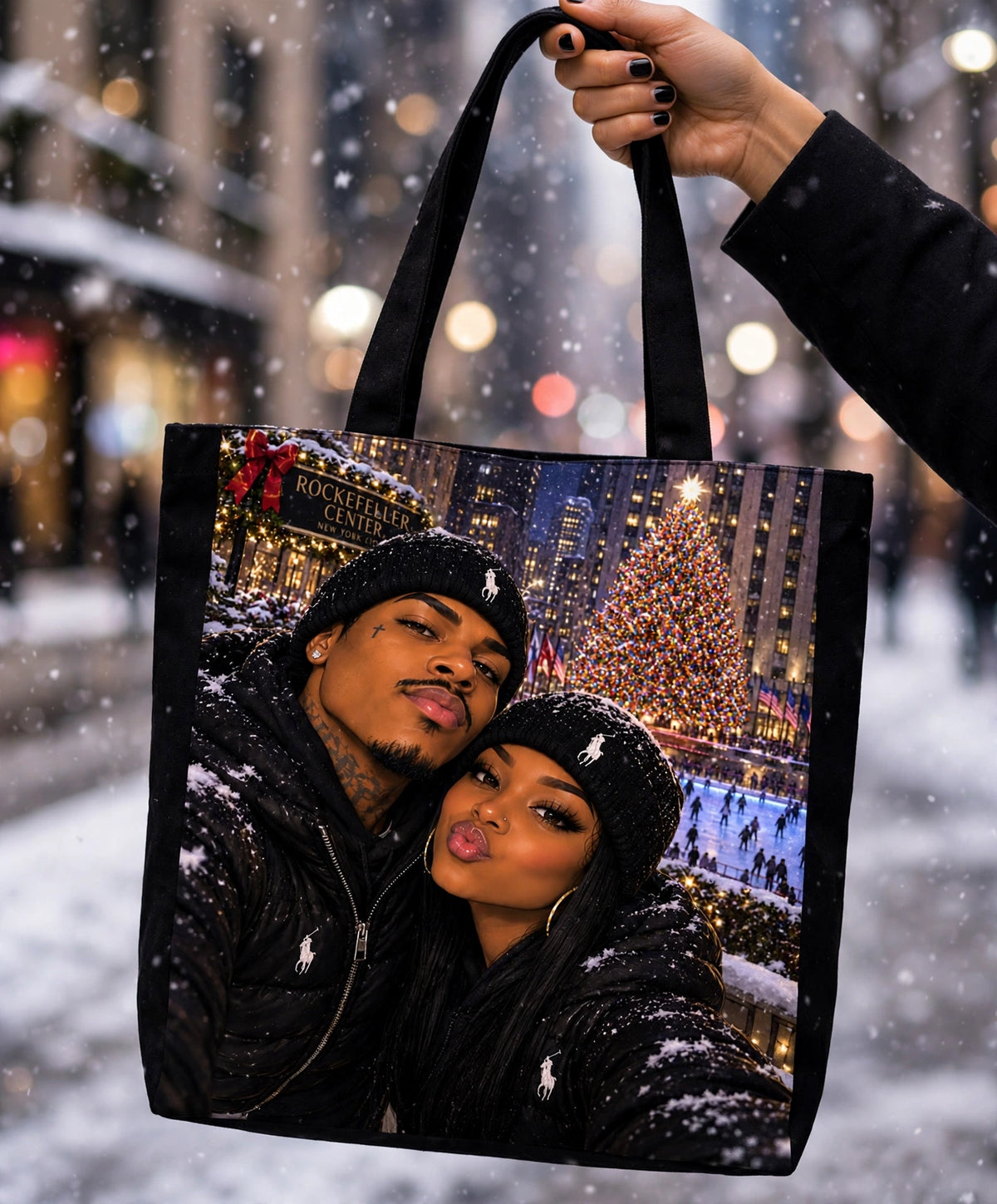 Snow Day Sweethearts tote bag snowy city lifestyle mockup