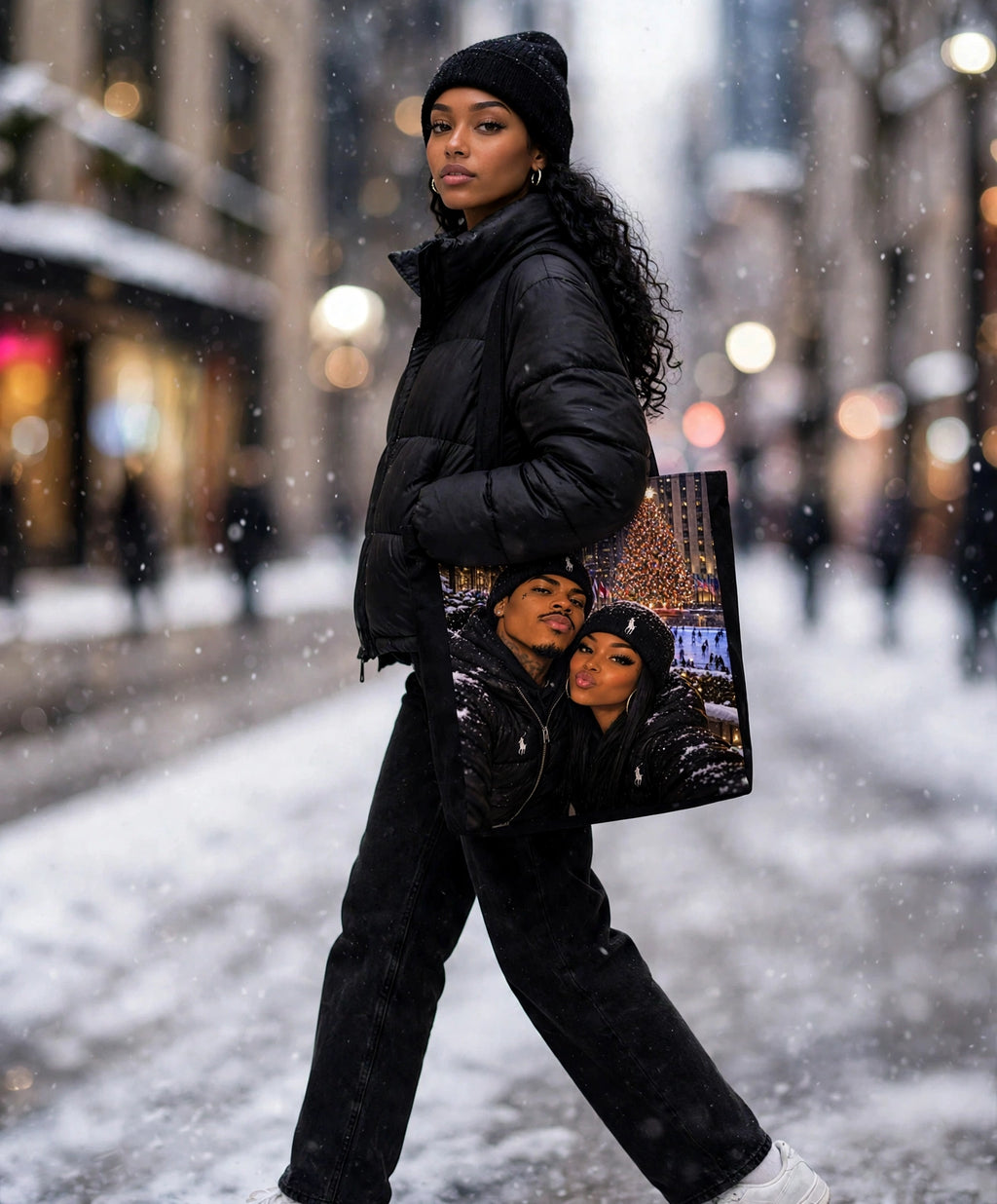 Snow Day Sweethearts tote bag street style model mockup