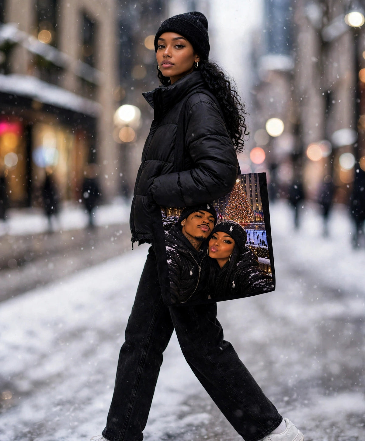 Snow Day Sweethearts tote bag street style model mockup