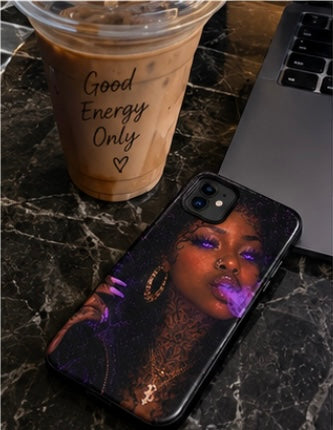 Close-up lifestyle view of the Violet Venom iPhone case