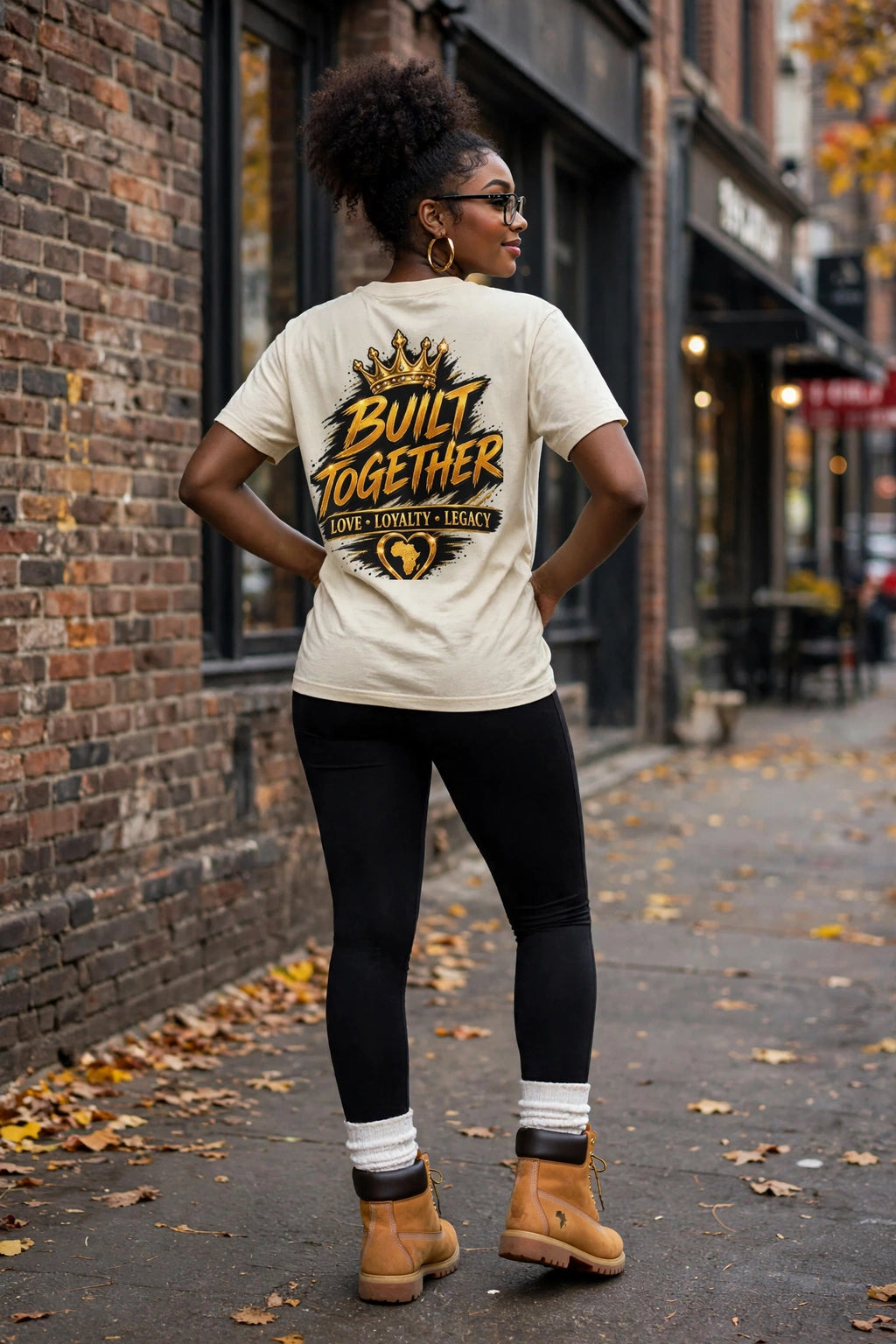 Back view of A Love Built Different cream T-shirt with Built Together love loyalty legacy graphic