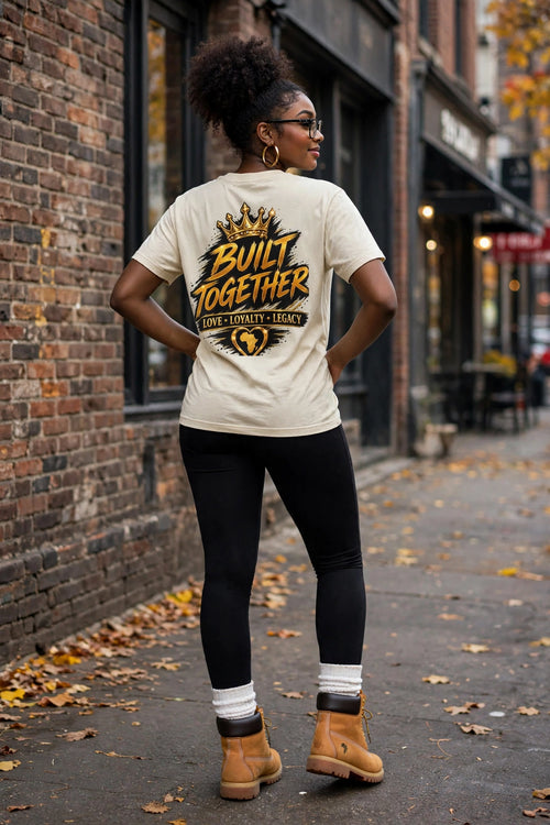 Back view of A Love Built Different cream T-shirt with Built Together love loyalty legacy graphic
