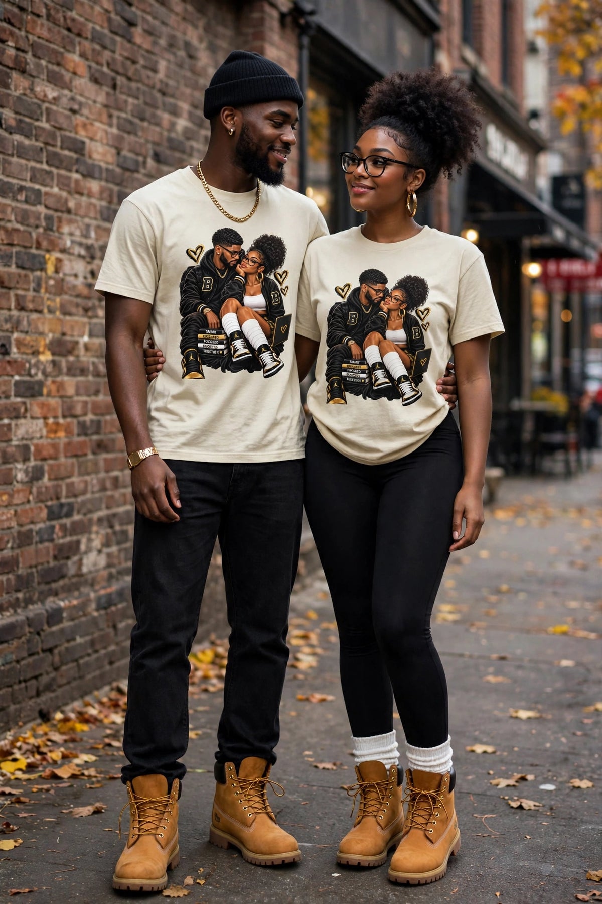 A Love Built Different matching couple wearing cream vintage T-shirts on a city street