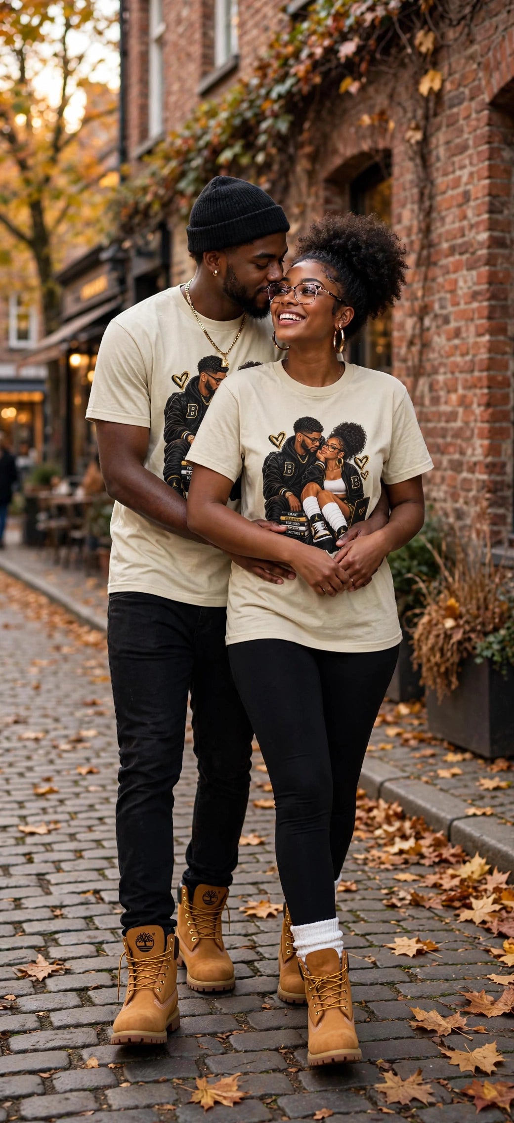A Love Built Different couple wearing matching cream graphic T-shirts together on a city street