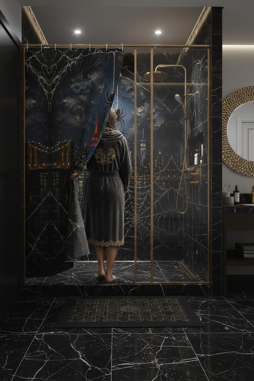 City of Webs NYC shower curtain — lifestyle bathroom view