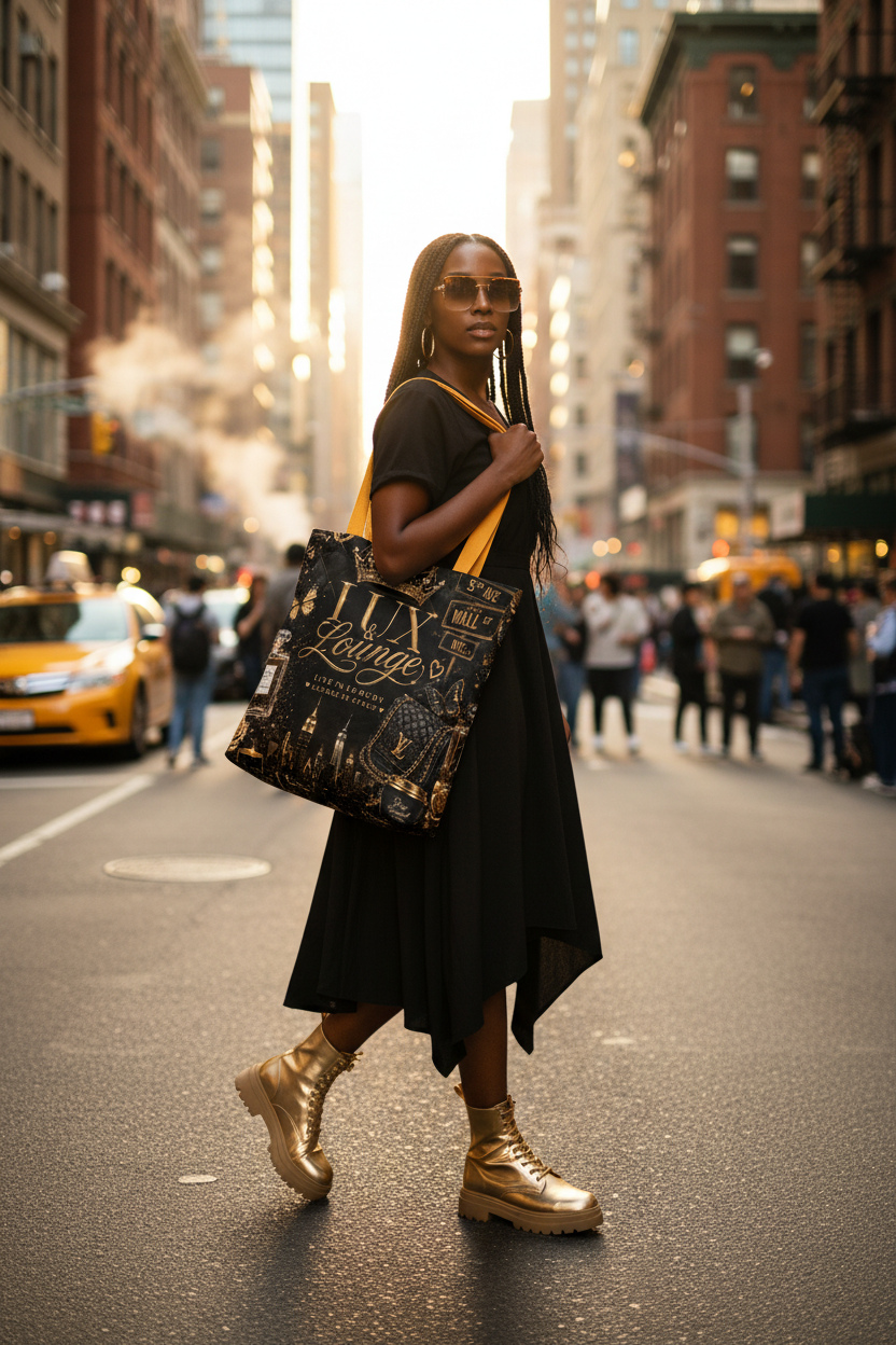 Lux and Lounge NYC statement tote — lifestyle carry view