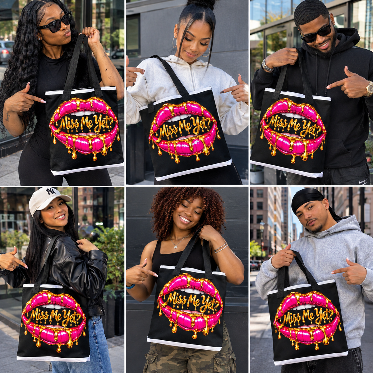 Diverse models pointing at the Miss Me Yet? tote bag