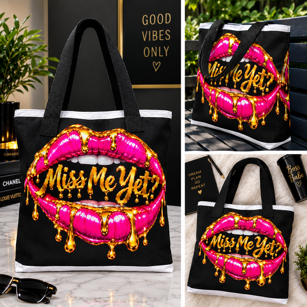 Three product-only lifestyle mockups of the Miss Me Yet? tote bag, showing the black bag with white trim, pink lips and gold lettering