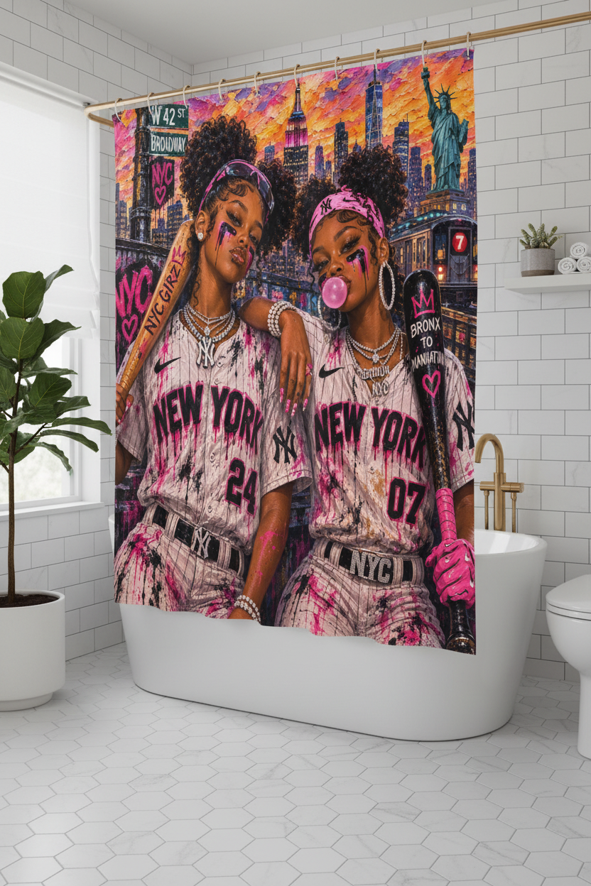 Painted Queens of NYC shower curtain — lifestyle bathroom view