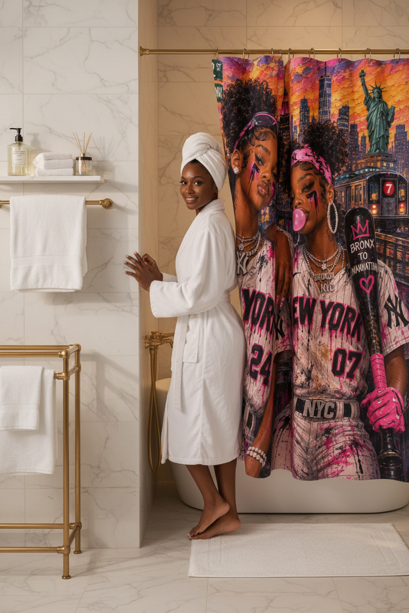 Painted Queens of NYC shower curtain — alternate lifestyle view