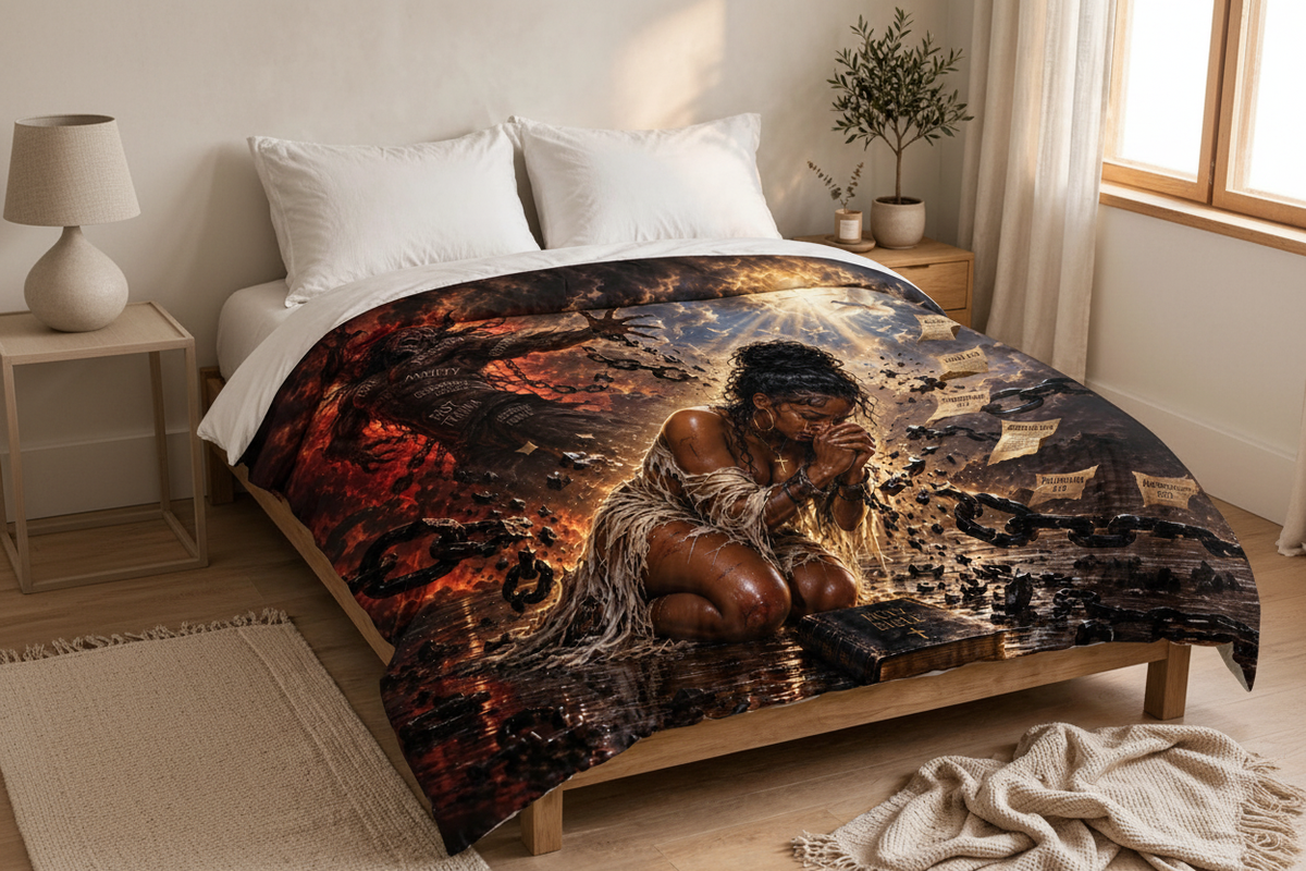 There's Power in Prayer inspirational comforter — lifestyle bedroom view