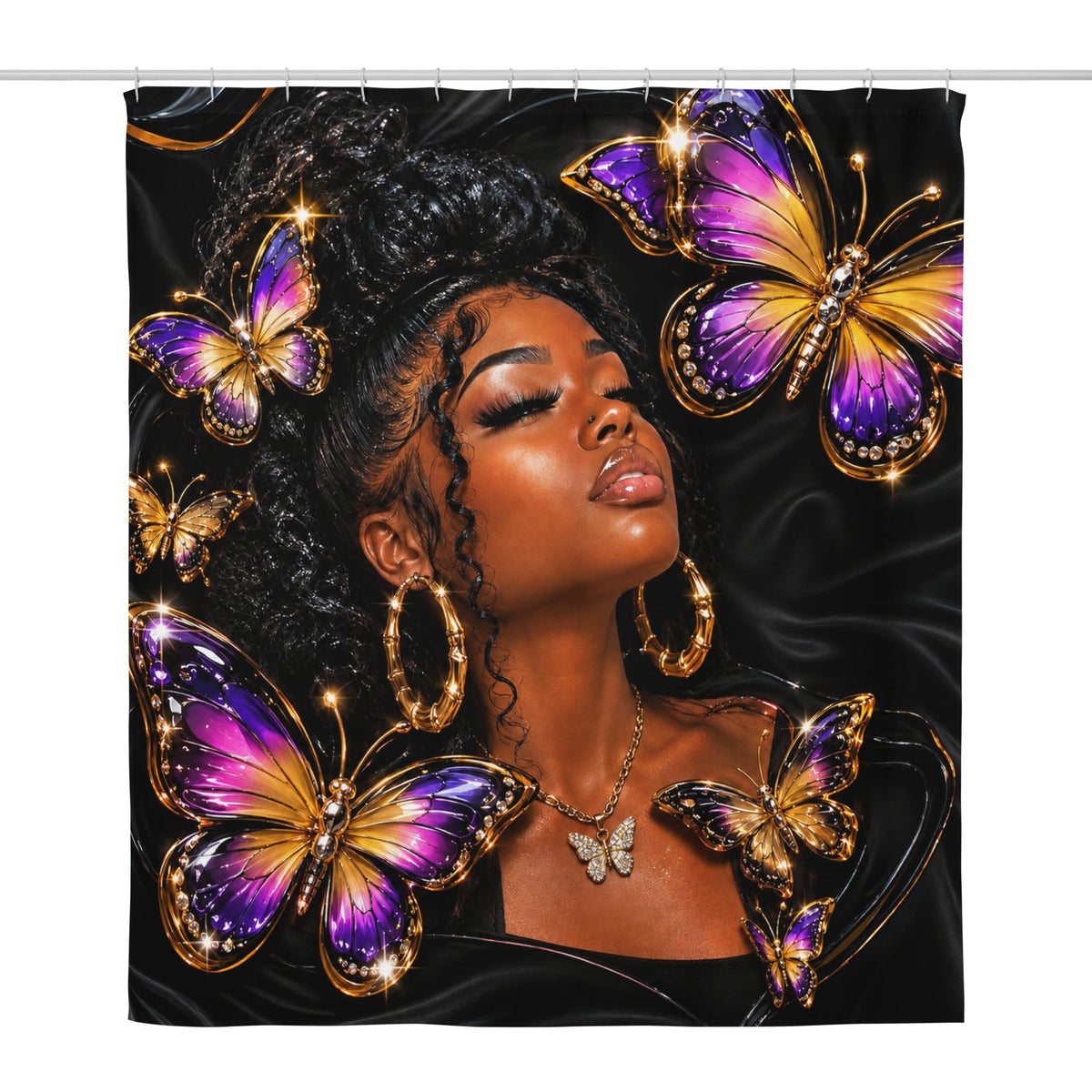 Royal Butterfly Shower Curtain — product size and presentation mockup
