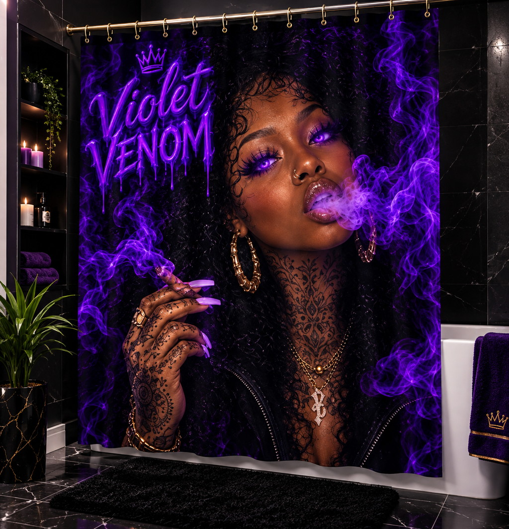 Violet Venom shower curtain in a luxury black and purple bathroom with brass hardware
